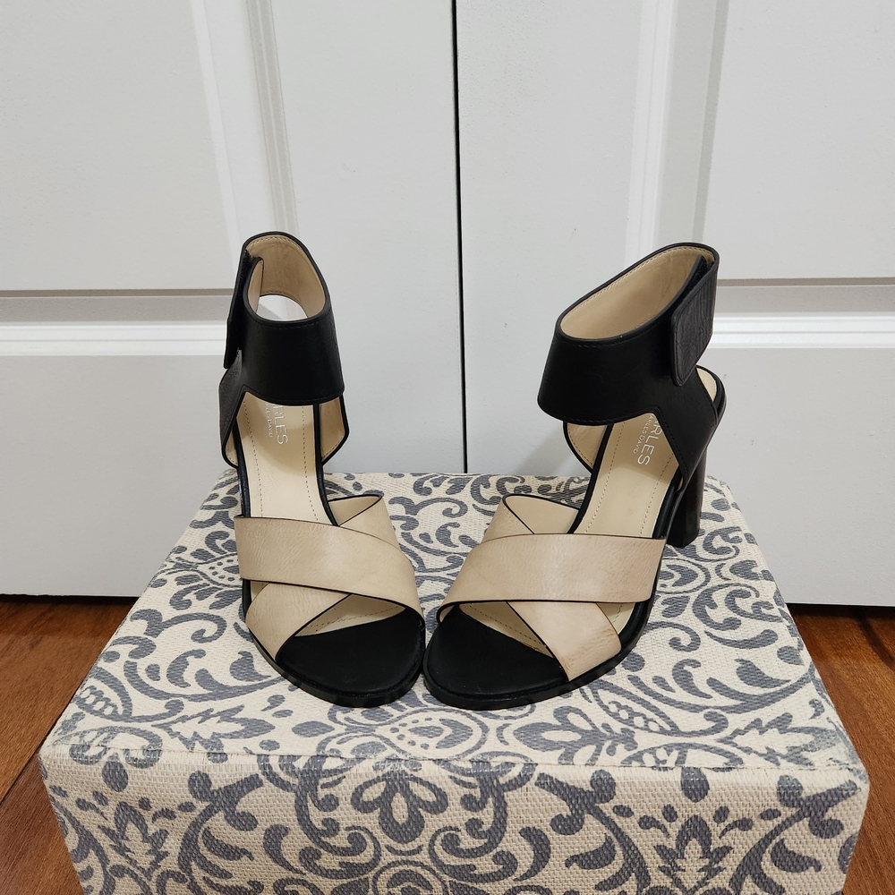 Charles by Charles David Black and Beige Two-Tone Ankle Strap Block Heel Sandals